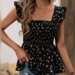 floral print ruffle trim peplum blouse